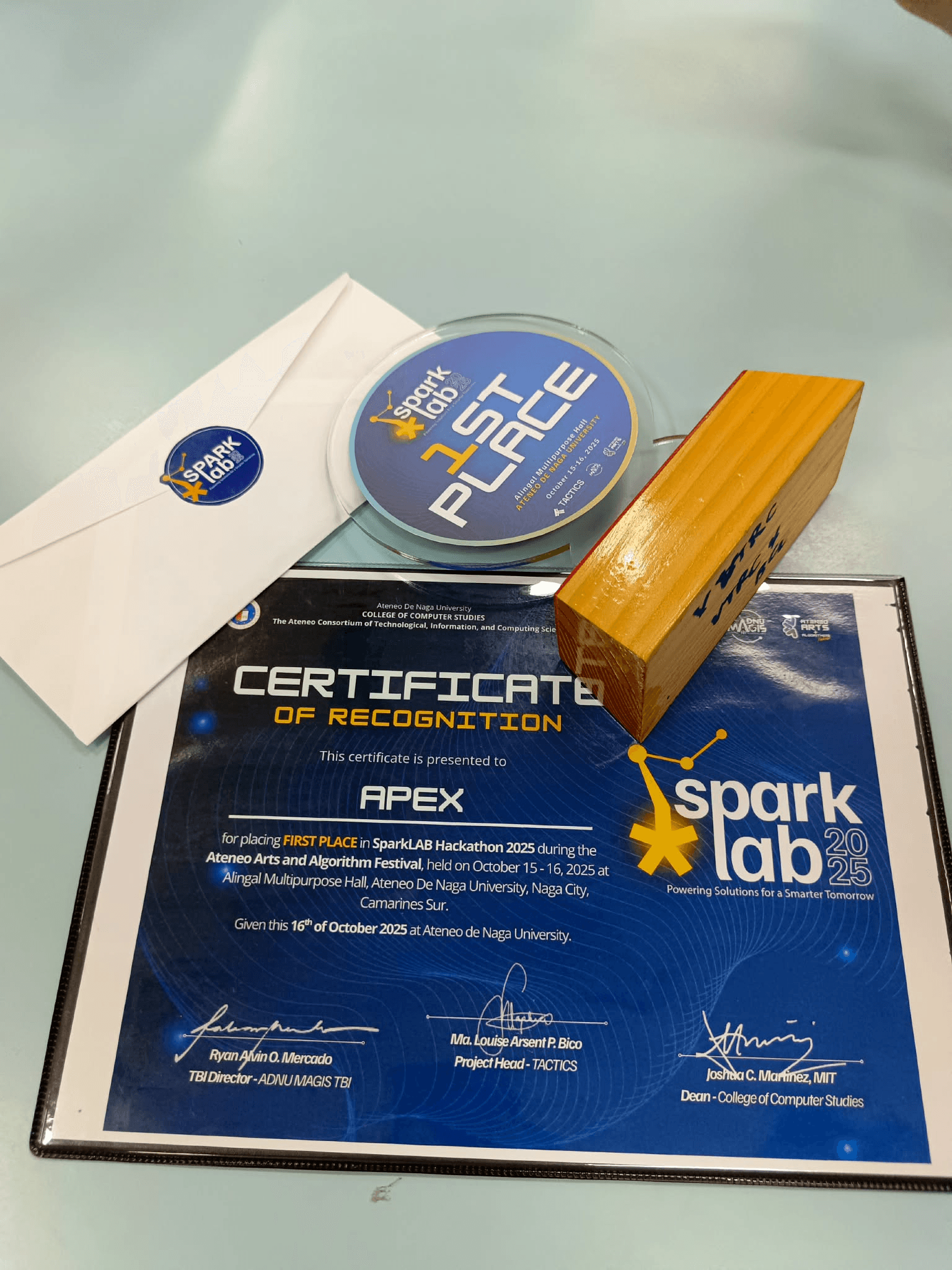 SparkLAB Hackathon 2025 first place certificate and trophy