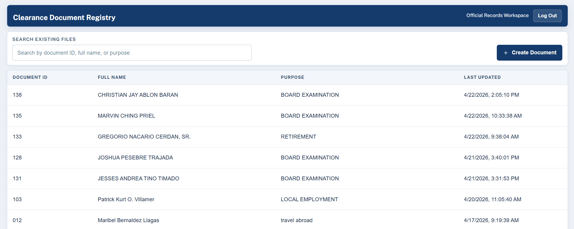 Legal document management system registry preview